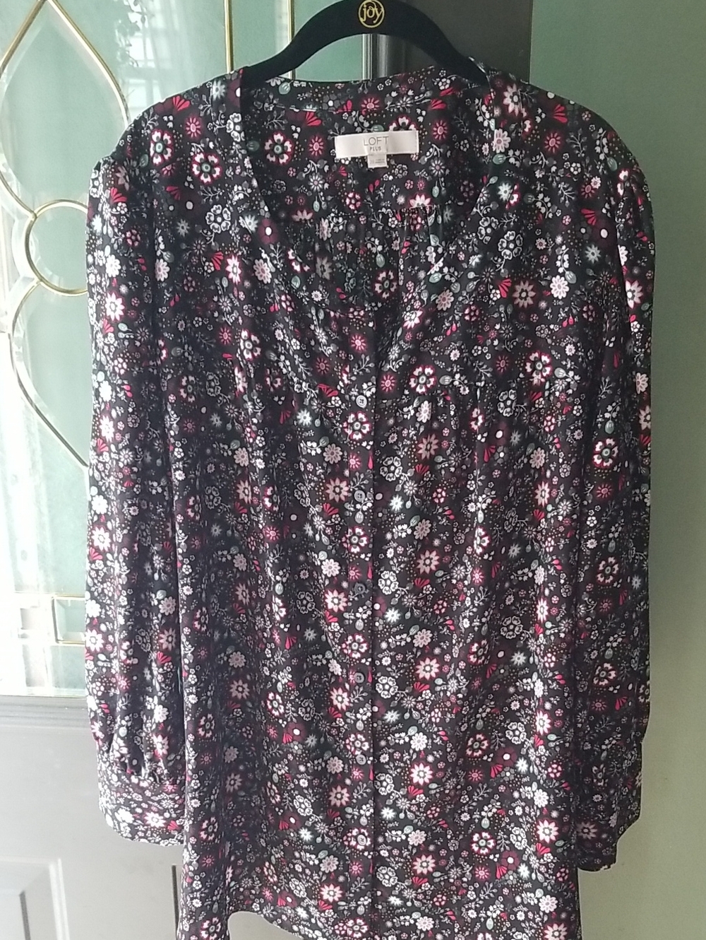 New Without Tags LOFT Black Floral Button-Up Blouse with Pink and White Flowers